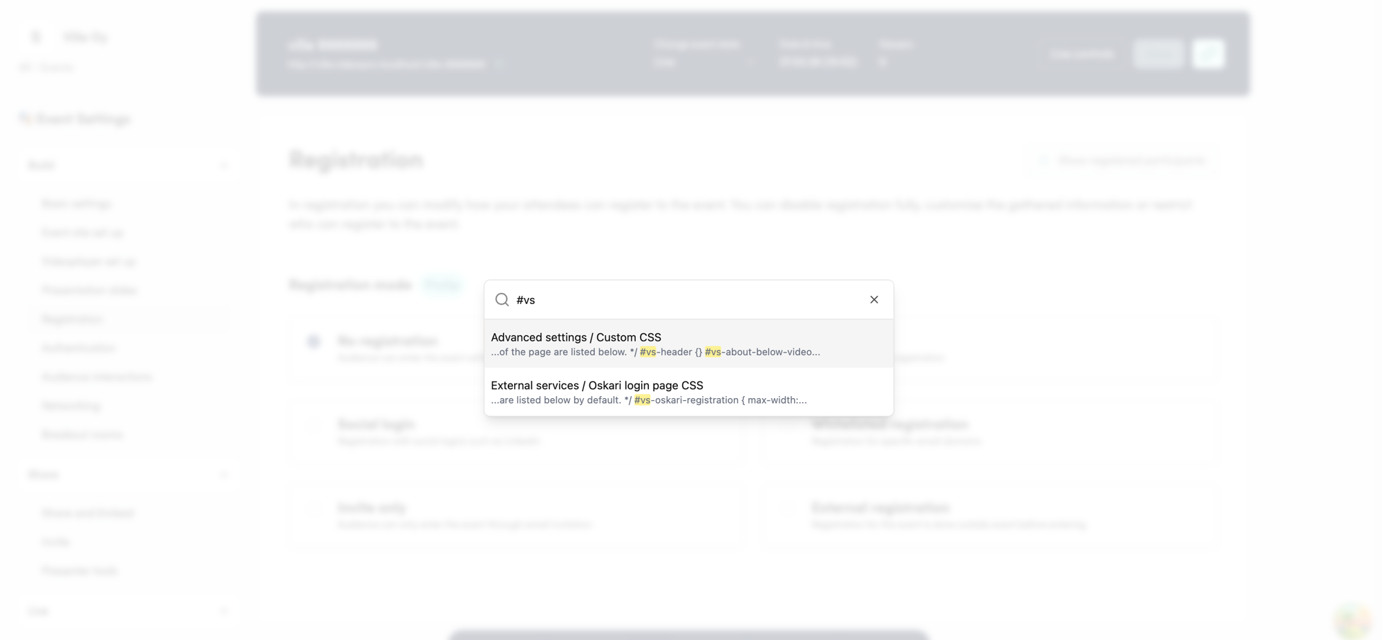 Cmd+K search palette showing search results grouped by section with highlighted matches