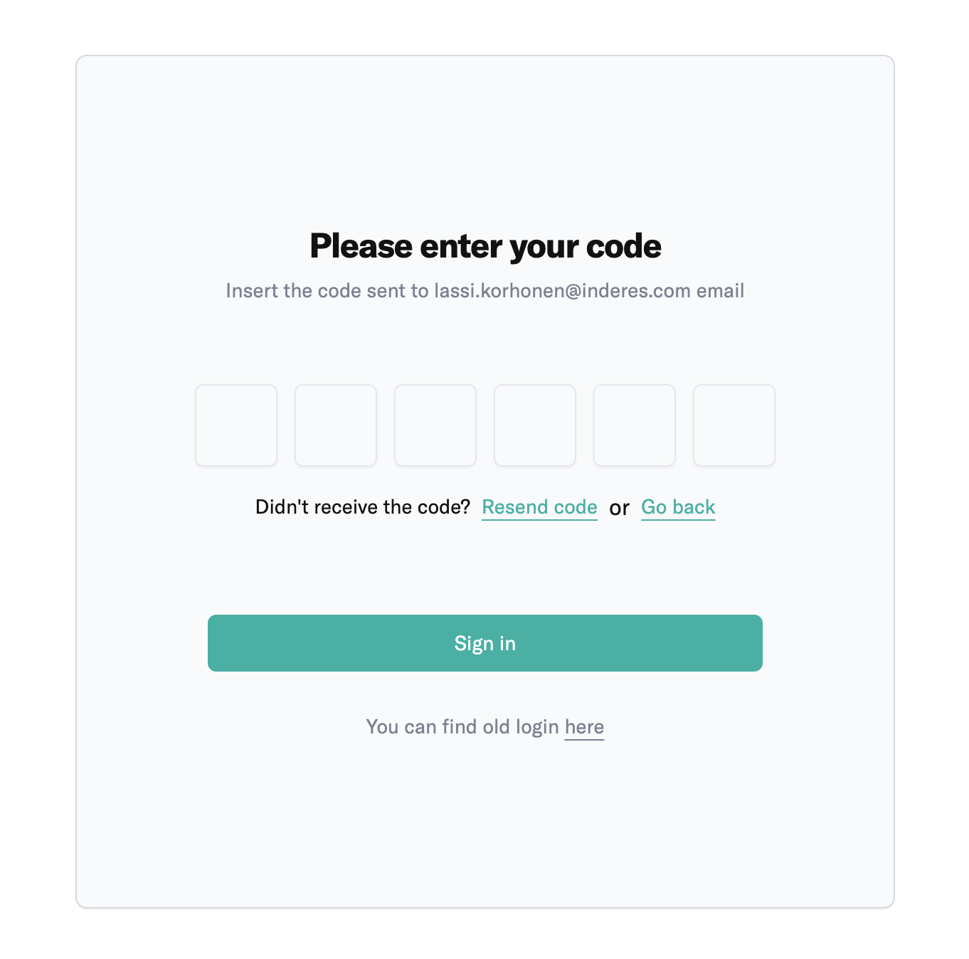 OTP verification step showing the email address the code was sent to